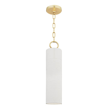 A white ceramic pendant light with gold chain detailing against a white background.